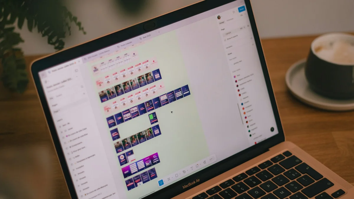 Laptop menampilkan aplikasi Figma untuk desain antarmuka
