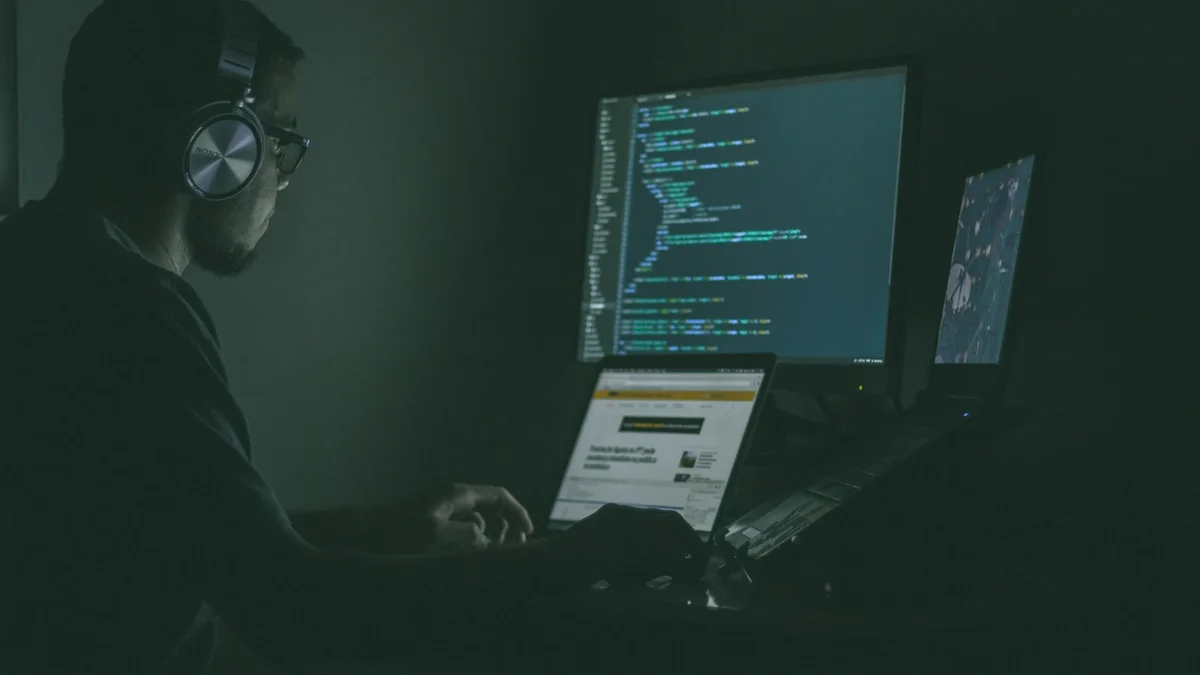 Pengguna komputer memeriksa kode di layar monitor