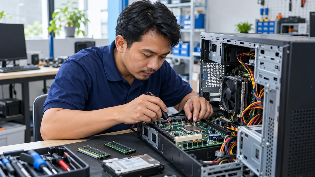Ilustrasi teknisi pria Indonesia memeriksa motherboard komputer