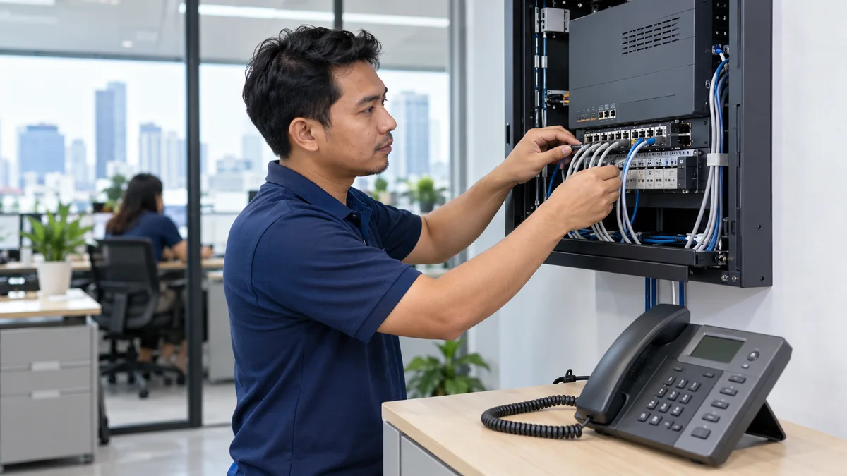 Ilustrasi teknisi pria Indonesia memasang sistem telepon PABX