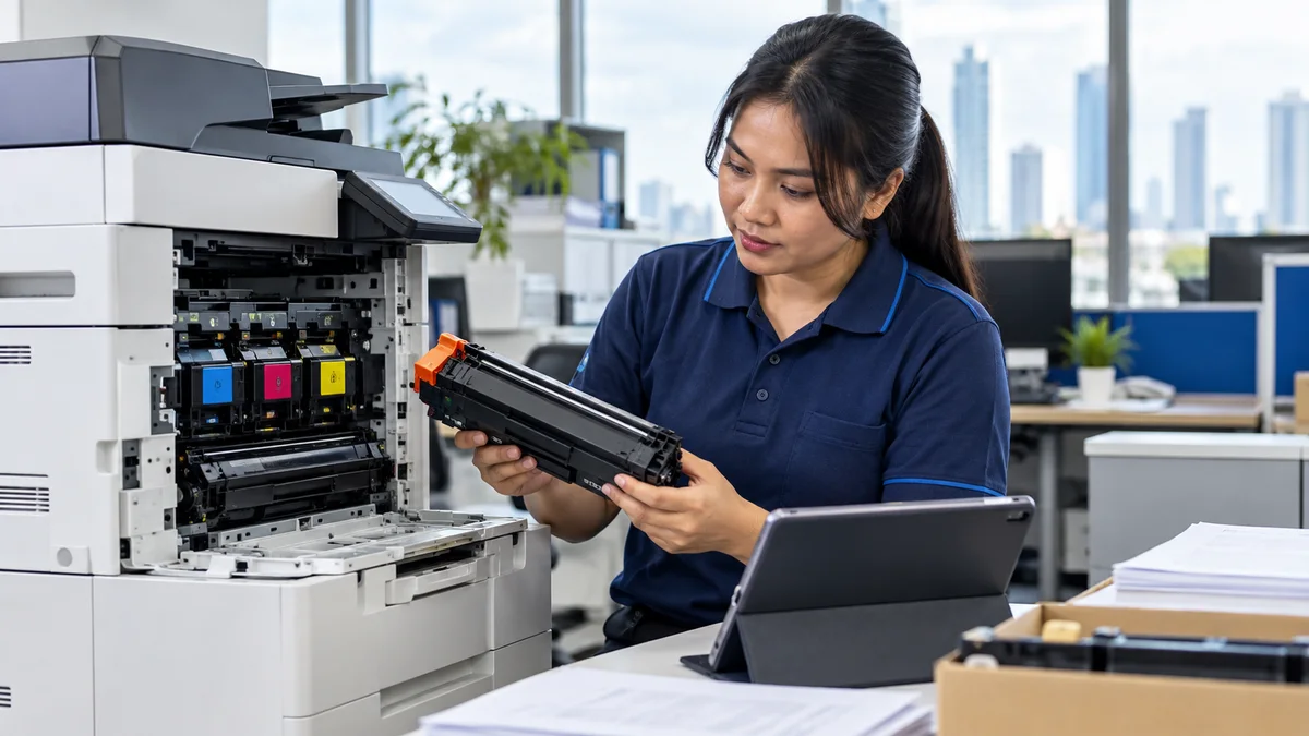 Ilustrasi teknisi wanita Indonesia merawat printer dan memeriksa toner