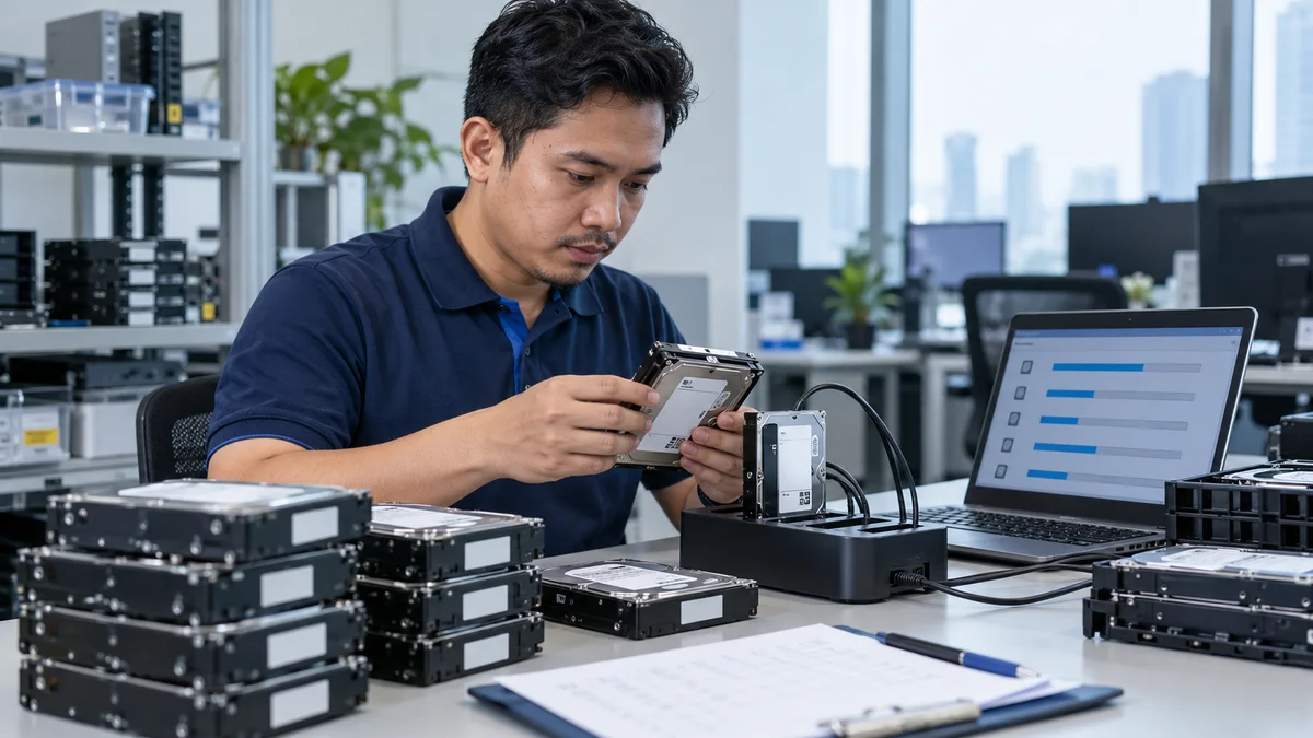 Ilustrasi teknisi pria Indonesia melakukan penghapusan data pada hard disk