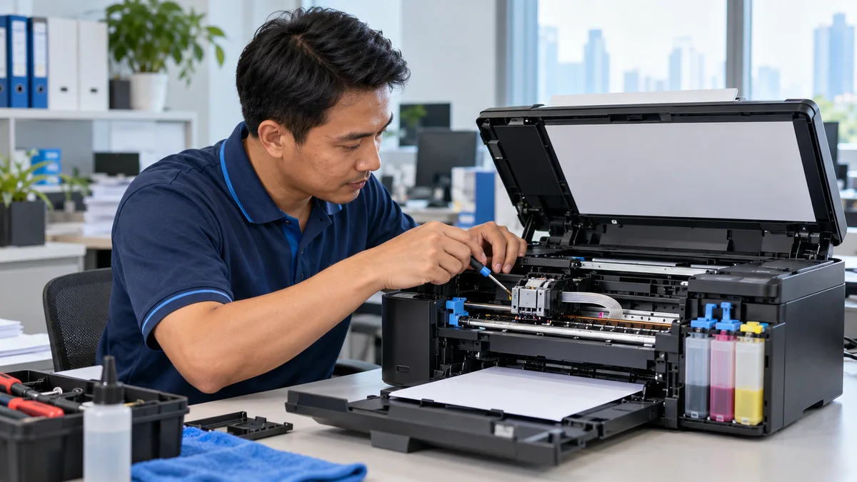 Ilustrasi teknisi pria Indonesia memeriksa mekanisme printer tinta