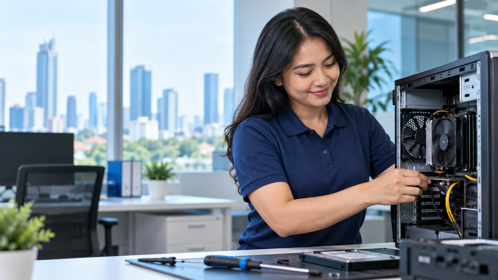 Ilustrasi teknisi wanita memeriksa komputer desktop di kantor